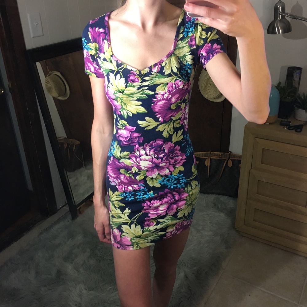Floral flower short sleeved bodycon mini dress